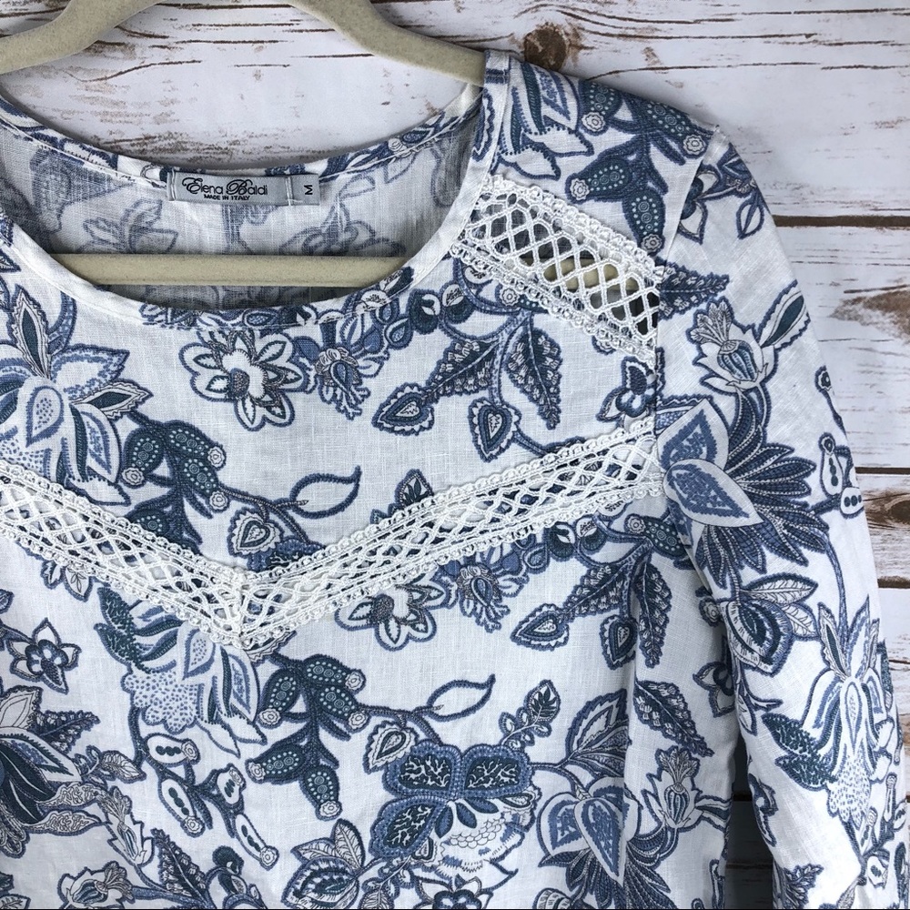 Elena Baldi Italy blue floral linen lace trim top - Picture 2 of 8